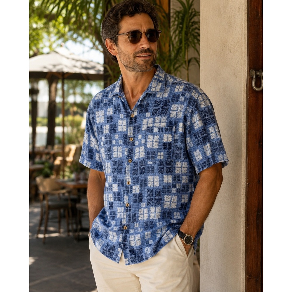 Nat Nast Luxury Originals Silk Cotton Geometric Tile Camp Shirt Blue XL